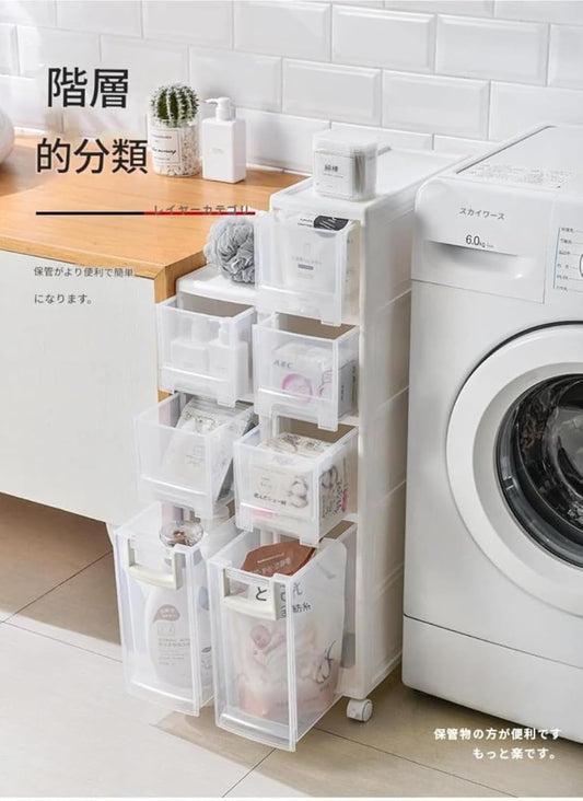隙間収納キャビネット 細長タイプ 16cm 幅 プラスチック半透明 引き出し式 キャスター付き 洗濯台 キッチン 浴室 壁棚使用可能 洗剤 調味料 洗面器収納ラ