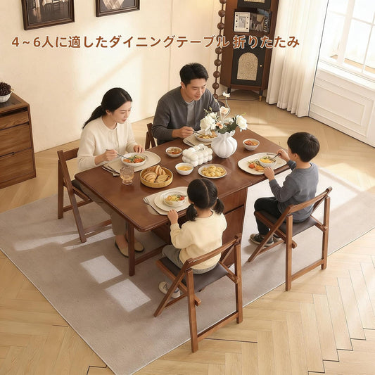 折りたたみダイニングテーブルセット100%無垢材製 完成品 幅30~140cm 折り畳みダイニングテーブルセット4人~6人
