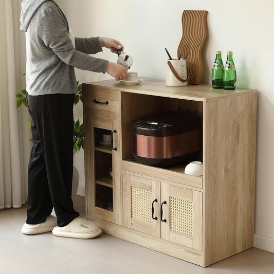 キッチンカウンター 食器棚 レンジ台 幅88cm ラタン調 キッチン収納 コンセント付き ガラス扉 スライド棚 電子レンジ台 北欧風 木目調 (ナチュ