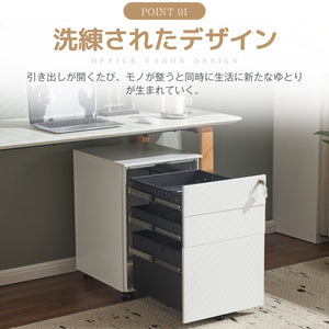 2台セット デスクワゴン サイドワゴン ラック 鍵付き キャスター付き 脇机 オフィス 収納 3段 スチール ホワイト