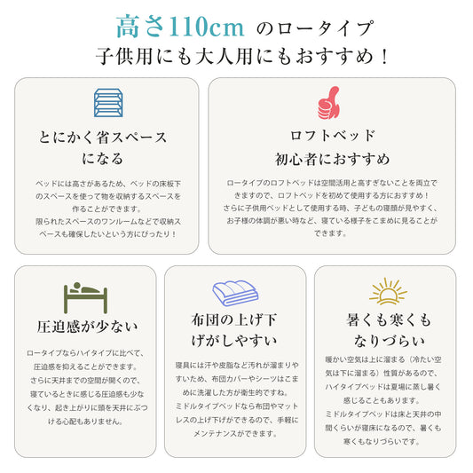 ロフトベッド パイプベッド シングル 高さ110cm ロフトベッド ロータイプ 左右入れ替え 子供ベッド シングルベッド 下収納 ロフト ベッド 省スペース スチール