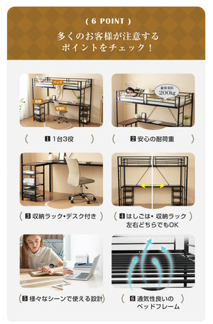 SS 80*180cm ロフトベッド パイプベッド シングル デスク付き 収納棚 ハシゴ付き 左右入れ替え可能 ロフトベッド 収納 大人 一人暮らし 子供ベッド 北欧風 二段ベッド 子供部屋 スチール 耐震 パイプ
