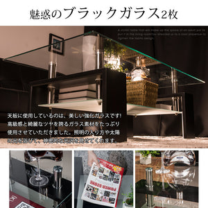 ガラステーブル コーヒーテーブル 幅88cm 強化ガラス天板 収納付き 二段収納 リビング用テーブル 棚付き 一人暮らしに最適 大容量収納 センターテーブル
