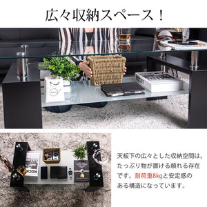 ガラステーブル コーヒーテーブル 幅88cm 強化ガラス天板 収納付き 二段収納 リビング用テーブル 棚付き 一人暮らしに最適 大容量収納 センターテーブル