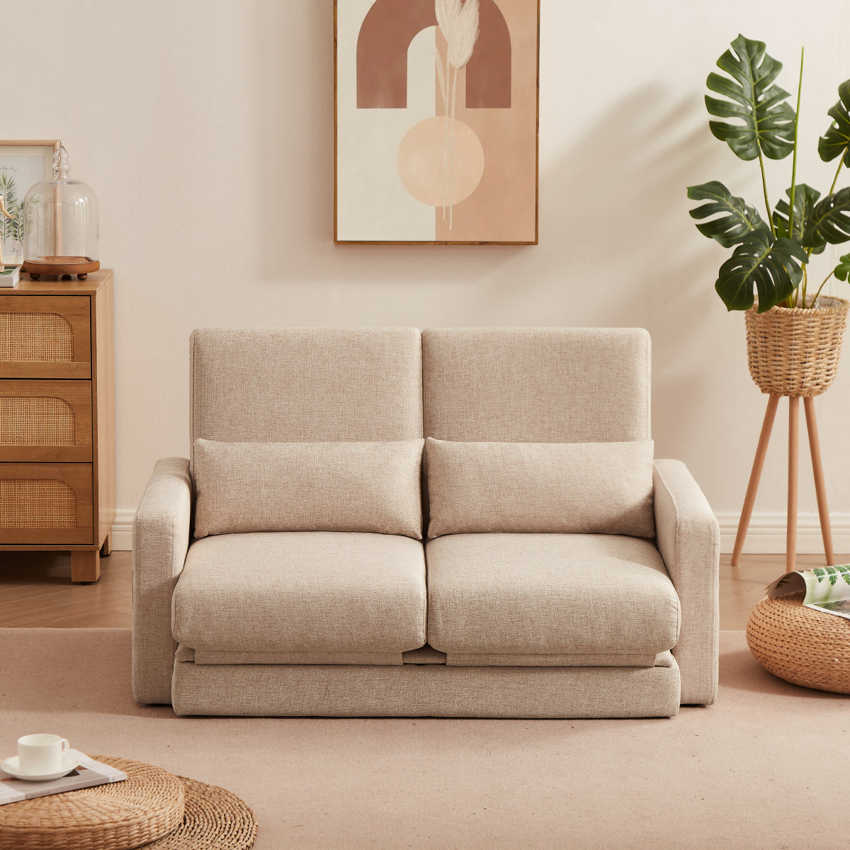 2 seater sofa ソファ 2人掛け 収納付き ファブリック 両側に肘掛け付き 木脚外し可能 ローソファ コンパクト ひとり暮らし カウチソファー