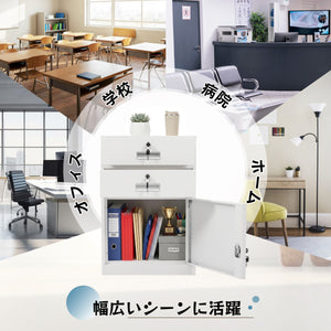 デスクワゴン スチール製 鍵付き 引き出し2つ 静音設計 完成品 組立不要 貴重品収納 ファイル書類収納庫 オフィスワゴン ロッカー 業務用 ホワイト