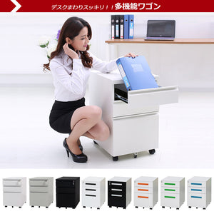 オフィスワゴン デスクワゴン 完成品 サイドワゴン 大容量 3段 組立て不要 キャスター付き 鍵付き サイドデスク A4 ファイル デスクキャビ