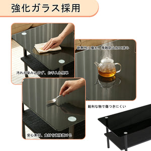 2段長方形強化ガラスローテーブル シンプルモダン リビング用ローテーブル 金属フレーム 収納付き 高さ調節可能 ブラック
