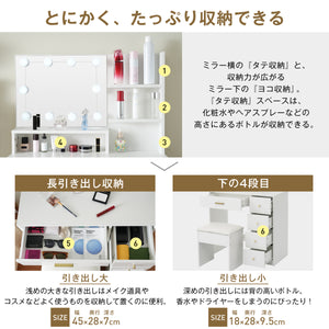 ドレッサー 3色LED 明るさ調整可能 コンセント搭載 引き出し5杯 オープン収納ラック 広々天板 スツール付き PUレザー座面 たっぷり収納 コンパクト