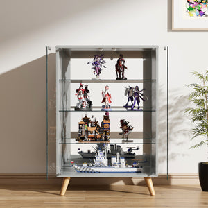 コレクションケース ワイド コレクションシェルフ ガラスディスプレイキャビネット 4段 高さ調節可能 背面ミラー 強化ガラス棚
