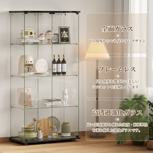 ガラスディスプレイキャビネット 両開き ワイド 4段 幅80.5×奥行36.5×高さ164cm 強化ガラス コレクションケース