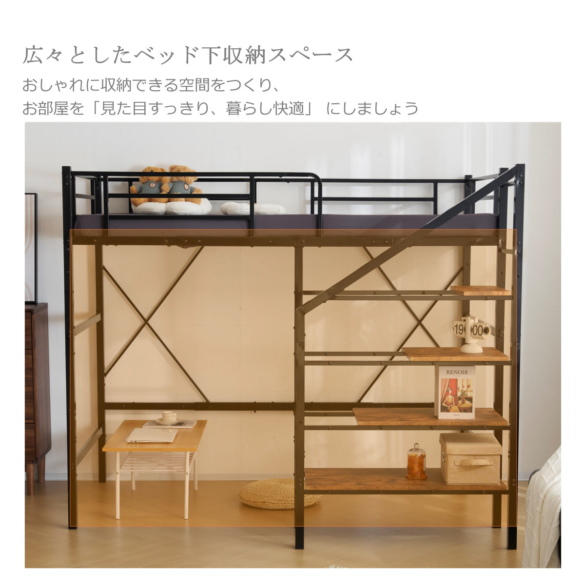 ロフトベッド 階段付き パイプベッド シングル 収納 スチール 耐震 ベッド パイプベッドフレームのみ
