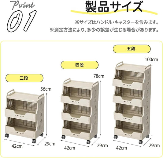 ワゴン キャスター付き 5段 スリム 収納ラック 耐荷重10kg PP製 ラクラク組み立て (ホワイト 5段)