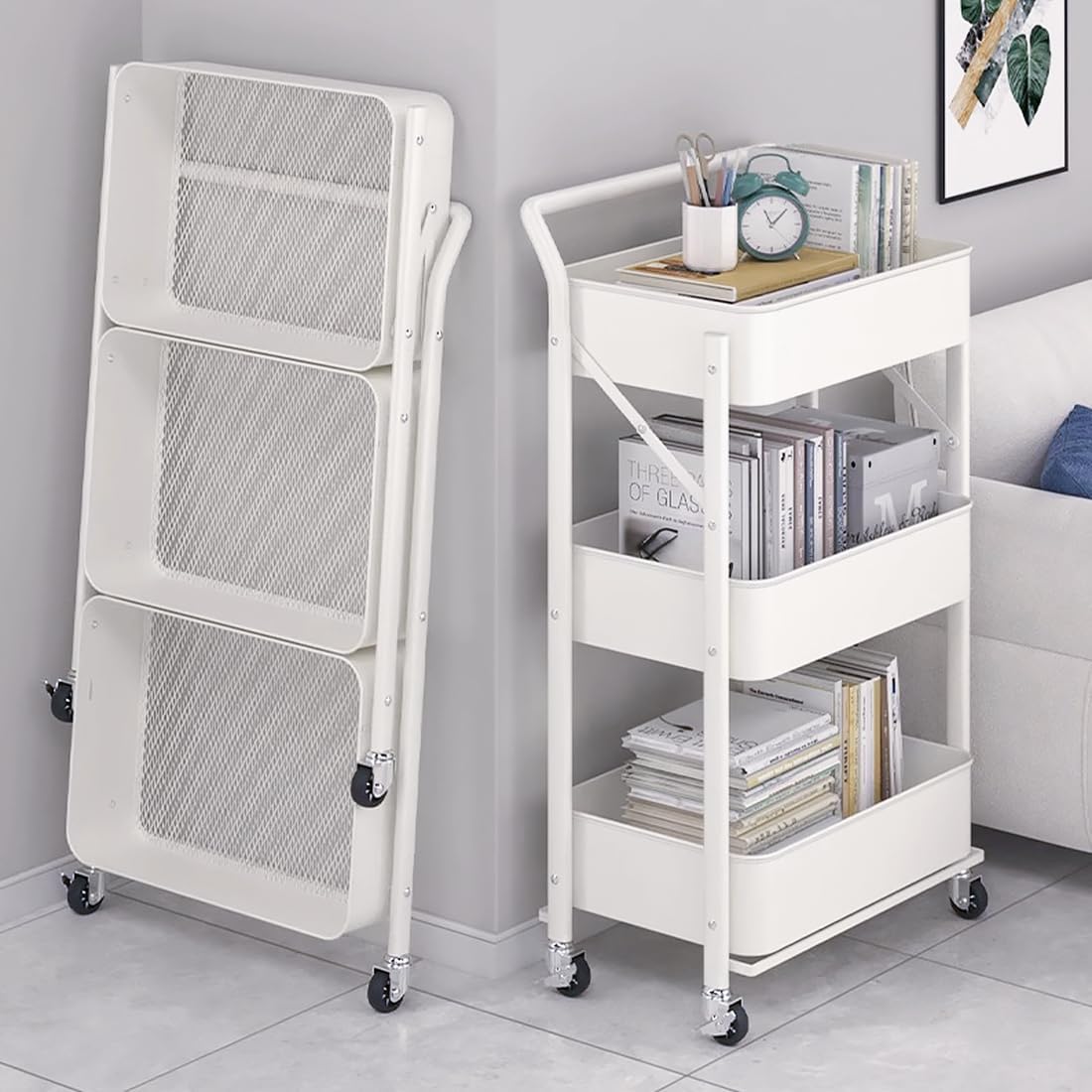 キッチンワゴン 組立不要 3段 折り畳み式 スチールラック 幅46×奥行29.5×高さ87cm バスケットトローリー バスケットラック ハンドル キッチンラック