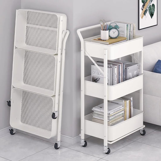 キッチンワゴン 組立不要 3段 折り畳み式 スチールラック 幅46×奥行29.5×高さ87cm バスケットトローリー バスケットラック ハンドル キッチンラック