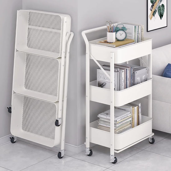 キッチンワゴン 組立不要 3段 折り畳み式 スチールラック 幅46×奥行29.5×高さ87cm バスケットトローリー バスケットラック ハンドル キッチンラック