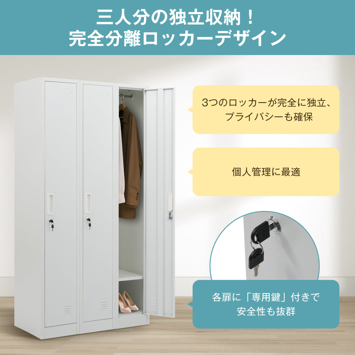 ロッカー スチール製 鍵付き 3人用 収納 オフィス 事務所 会社 店舗 病院 学校 更衣室 業務用 3列 ホワイト