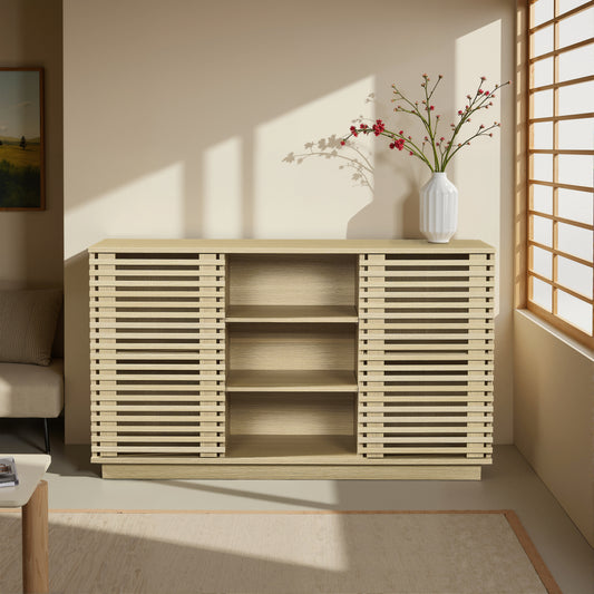 リビング収納キャビネット オーク スライドドア サイドボード 収納棚 木目調 北欧風 組立式