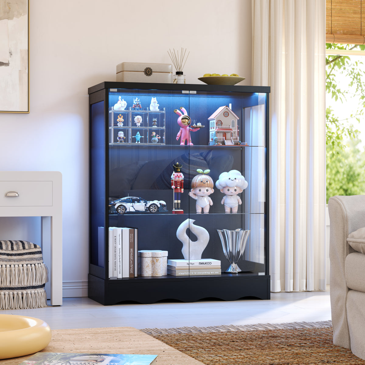 ガラスディスプレイキャビネット 縦型100cm 両開きガラス扉 6段可動棚 7色LED 三面クリア 強化ガラス フィギュアケース ブラック