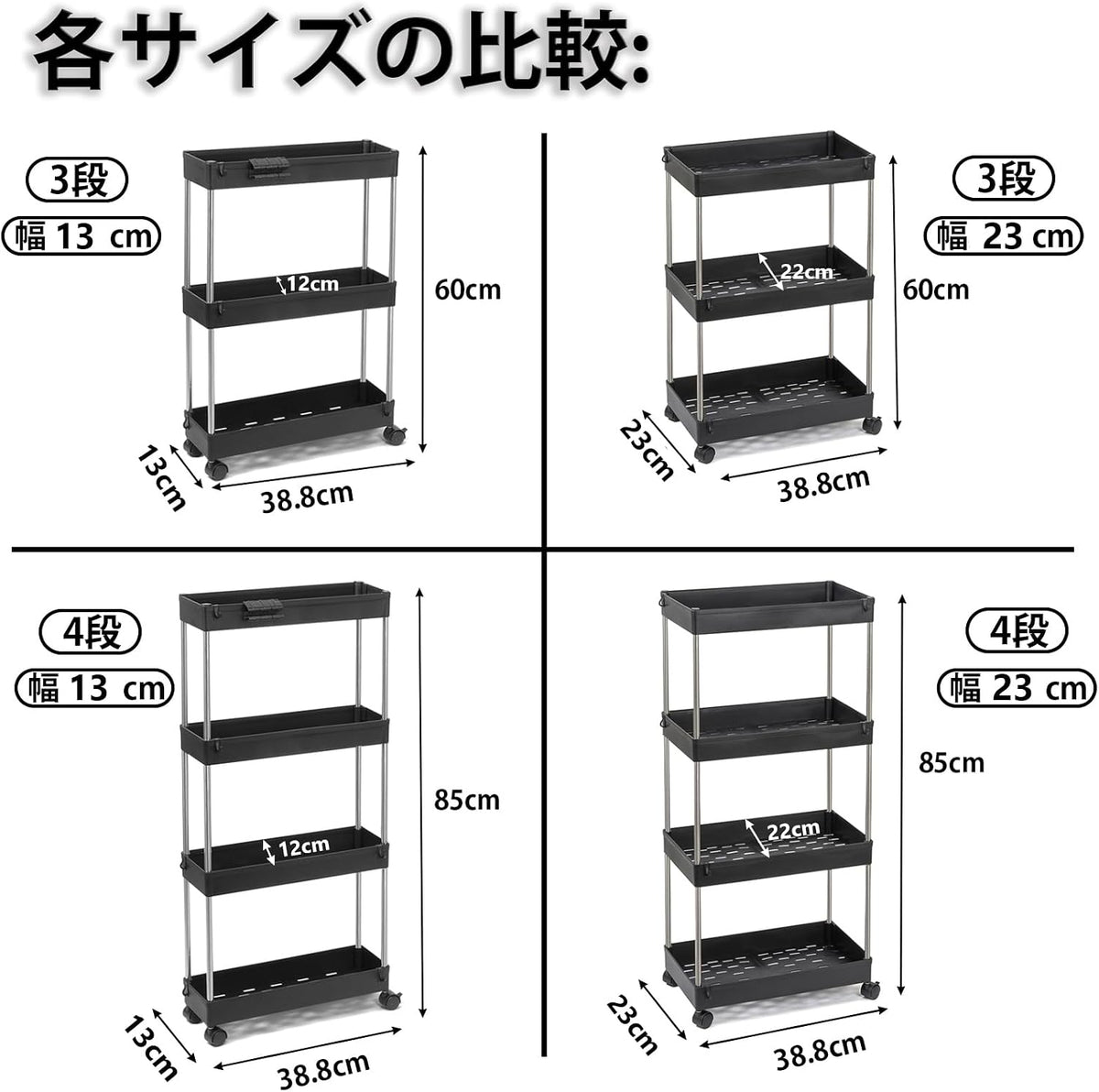 キッチンワゴン キャスター付き 隙間収納 23cm 4段 スリム 収納ワゴン 洗面所 台所 トイレ 浴室 冷蔵庫横 スリムワゴン 細い棚 組立簡単 ブラック