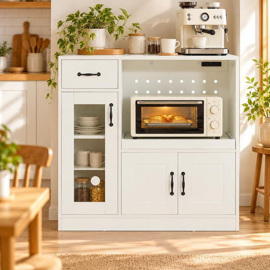 キッチンカウンター 食器棚 レンジ台 幅88cm キッチン収納 コンセント付き ガラス扉 スライド棚 電子レンジ台 木目調