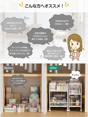 押入れ収納ラック 幅29-41.5cm伸縮 キャスター付 クローゼット収納ワゴン(ホワイト)