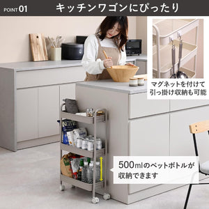 キッチンワゴン キャスター付き 3段 スリム 幅43.5×奥行18.5×高さ74.5cm ワゴン 隙間収納 組立かんたん マットホワイトLBW-3S(MWH)