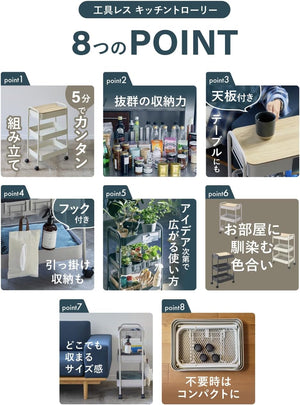 スリーアップ キッチンワゴン 工具不要 簡単組み立て 天板付き キャスター付き マグネット付き 3段 キッチントローリー 隙間収納 フック付き アイボリー PS