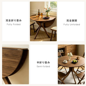 折りたたみダイニングテーブル 単品 丸型 天然木 組立不要 完成品 食卓テーブル 高さ75cm 直径約90cm ウォルナット