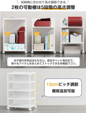 目隠しワゴン キッチンワゴン カウンター下収納 キャスター付き 2段収納 高さ5段調整 天板付き 収納ラック 取っ手付き(ホワイト)