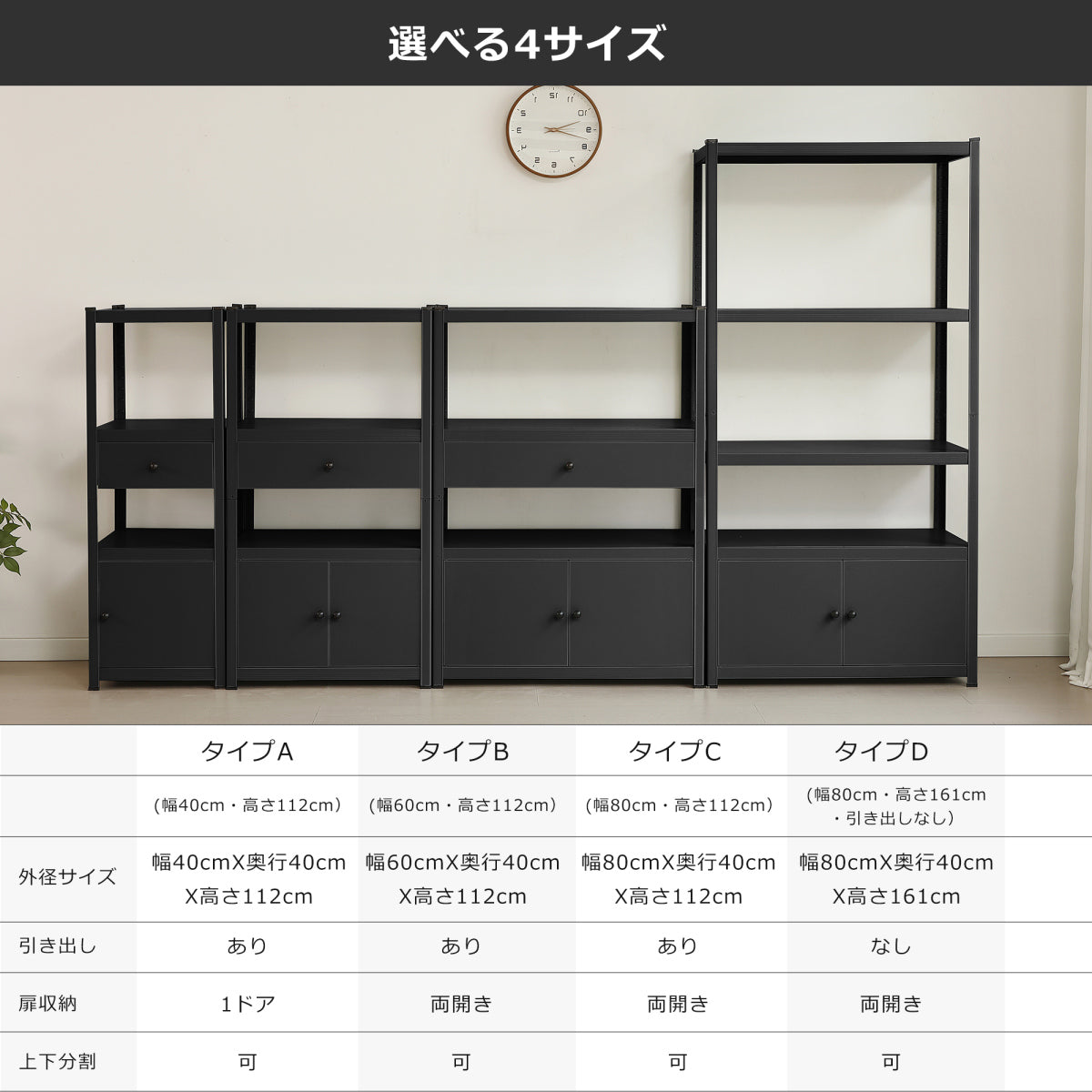 スチールラック 幅40×奥行40×高さ112cm 扉付き 引き出し収納 可動棚 高さ調整 オープンシェルフ 収納棚 業務用