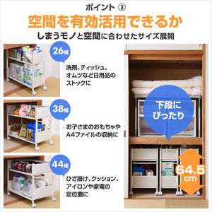 押入れ(クローゼット)収納 ラック 幅38×奥行75×高さ64.5cm 取っ手 ストッパー付きキャスター 上段下段かご 横板が取り外せる 組立品 ホワイト/ホワ