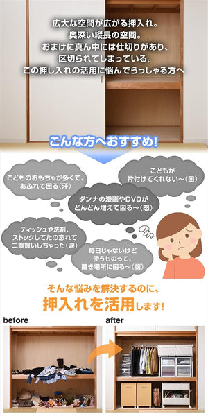 押入れ(クローゼット)収納 ラック 幅38×奥行75×高さ64.5cm 取っ手 ストッパー付きキャスター 上段下段かご 横板が取り外せる 組立品 ホワイト/ホワ