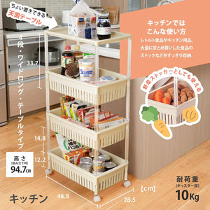 キッチンワゴン ルーチェ TMW-31 ワイド ベージュ 4段 幅28.5×奥行46.8×高さ94.7cm 日本製 メッシュ キャスター付き すき間