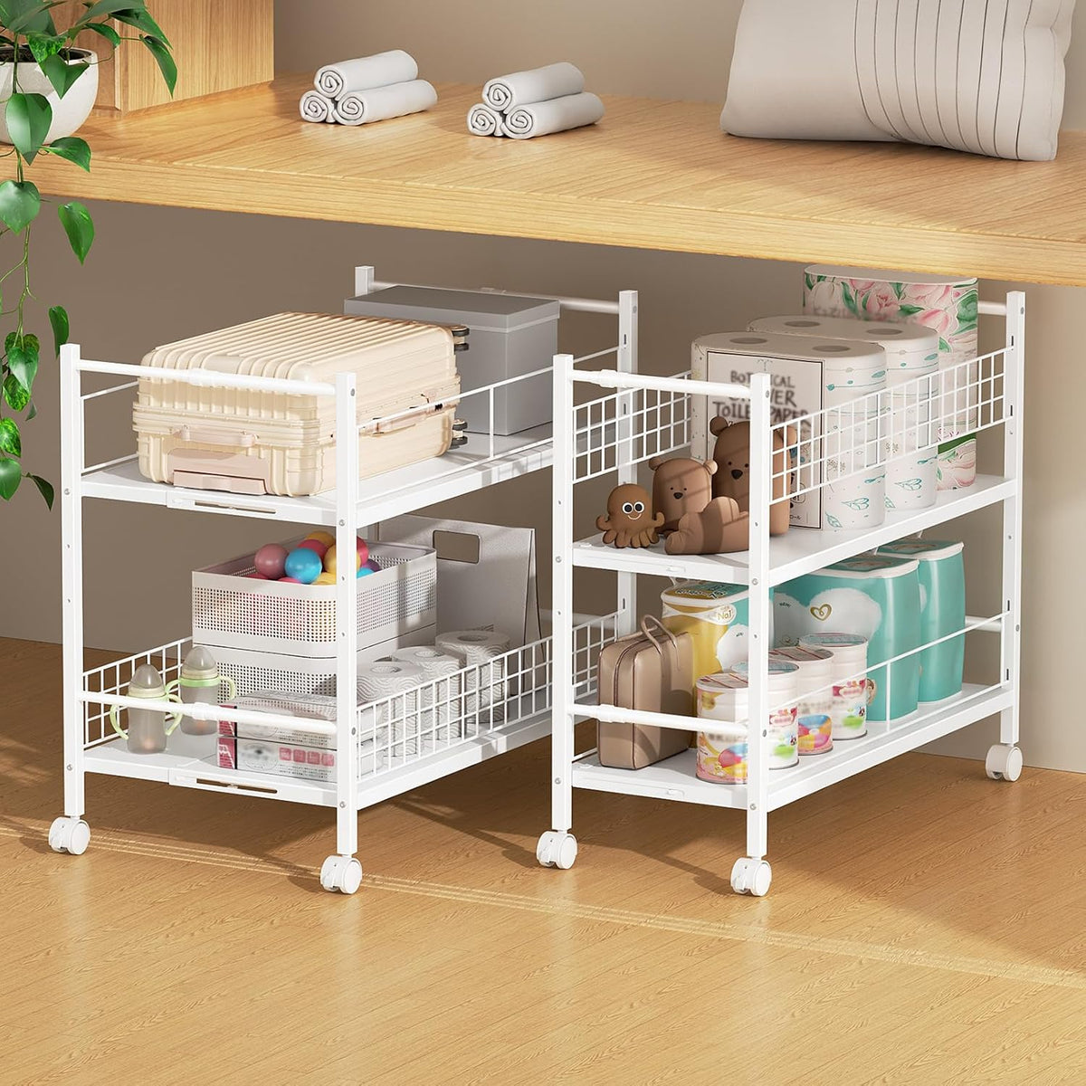 押入れ収納ラック 幅29-41.5cm伸縮 キャスター付 クローゼット収納ワゴン(ホワイト)