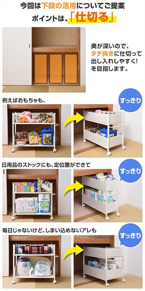 押入れ(クローゼット)収納 ラック 幅38×奥行75×高さ64.5cm 取っ手 ストッパー付きキャスター 上段下段かご 横板が取り外せる 組立品 ホワイト/ホワ