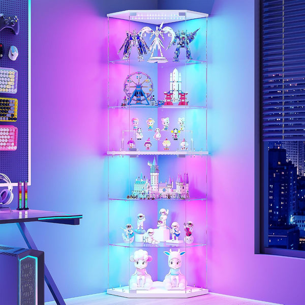 高さ175cm コーナーショーケース RGB ライト付き 6 段ガラス棚 ホワイト