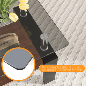 モダン長方形コーヒーテーブル 強化ガラス天板+MDF収納棚 リビング用 グレーガラス+ホワイト脚