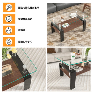 モダン長方形コーヒーテーブル 強化ガラス天板+MDF収納棚 リビング用 クリアガラス+ブラック脚 長さ94cm 幅53cm 高さ12cm