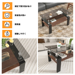 モダン長方形コーヒーテーブル 強化ガラス天板+MDF収納棚 リビング用 グレーガラス+ホワイト脚