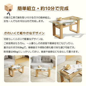 ガラステーブル ローテーブル コーヒーテーブル 幅80x奥40x高さ38.5cm 収納棚付き 口字型のテーブル脚 強化ガラス天板 クリア天板 コンパクト