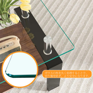 モダン長方形コーヒーテーブル 強化ガラス天板+MDF収納棚 リビング用 クリアガラス+ブラック脚 長さ94cm 幅53cm 高さ12cm