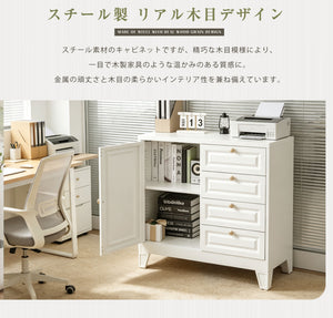 キャビネット スチール製 デスクワゴン 引き出し サイドボード チェスト 収納棚 リビングボード 両開き扉 大容量収納 テレビ台 作業台 ホワイト