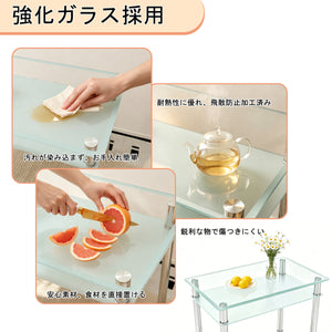 長方形 2段強化ガラスダイニングテーブル シンプル モダン ステンレス脚 省スペース コンパクト 家庭用ダイニングテーブル 多機能 収納棚付きガラステーブル