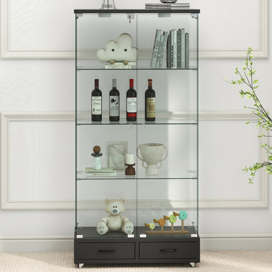 LED照明・引き出し付き ガラス収納キャビネット｜ロック付き強化ガラス 4段 展示ケース｜リビング・寝室用 両開きドア クリア／ブラック