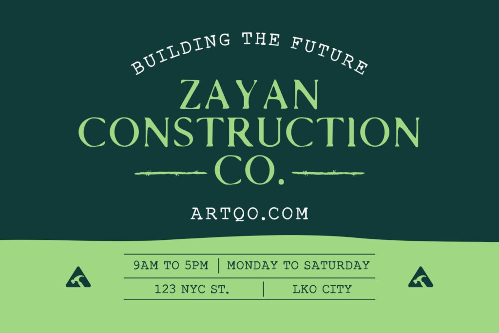 Construction company branding example showing Zayan Construction Co. logo with the Established Typewriter font in green tones.