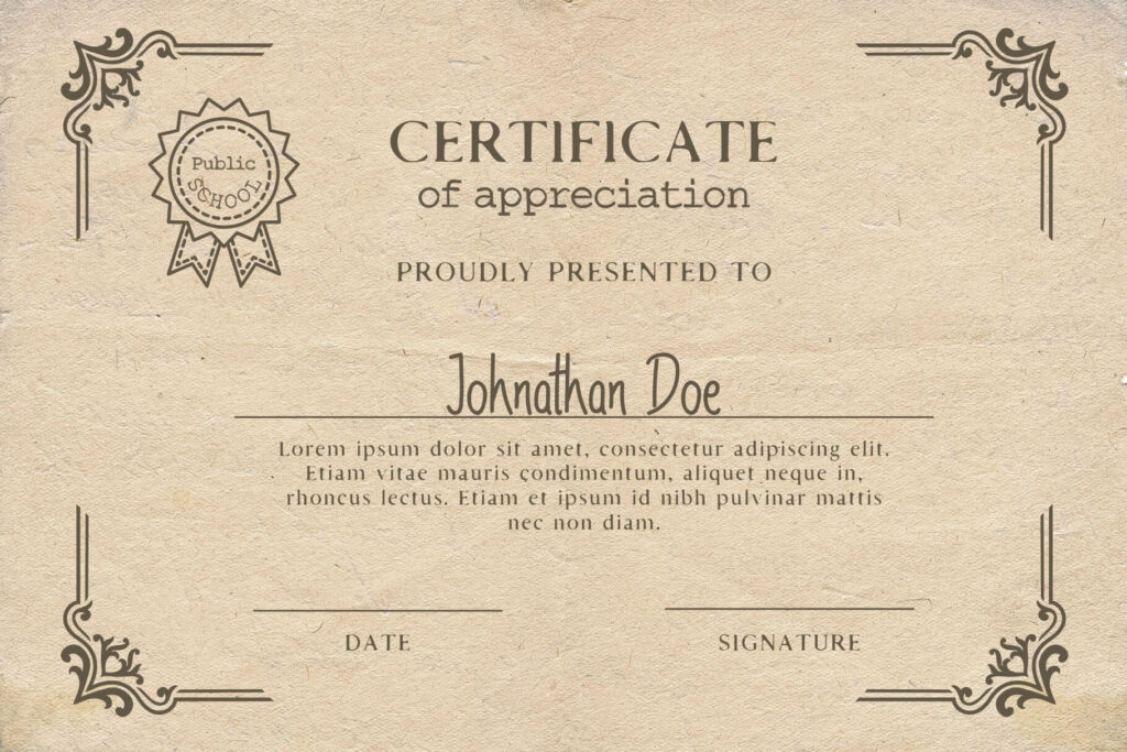 Certificate of appreciation template featuring the Established Typewriter font with ornamental borders and a classic parchment texture.