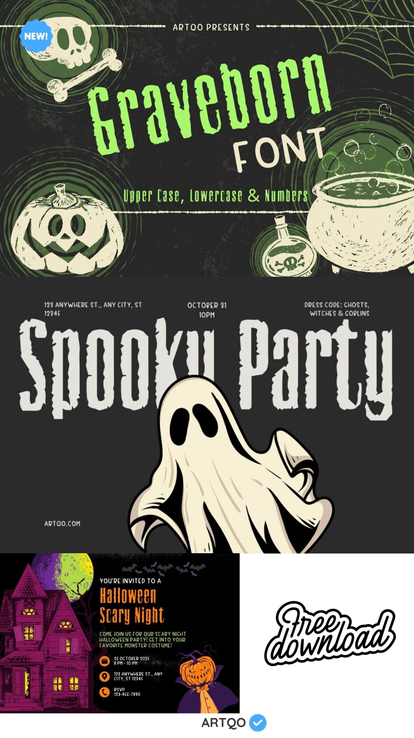 Halloween-themed graphic showcasing the "Graveborn" font with a skull, pumpkin, cauldron, ghost, and haunted house. Includes "Spooky Party" details. Tone is eerie and playful.