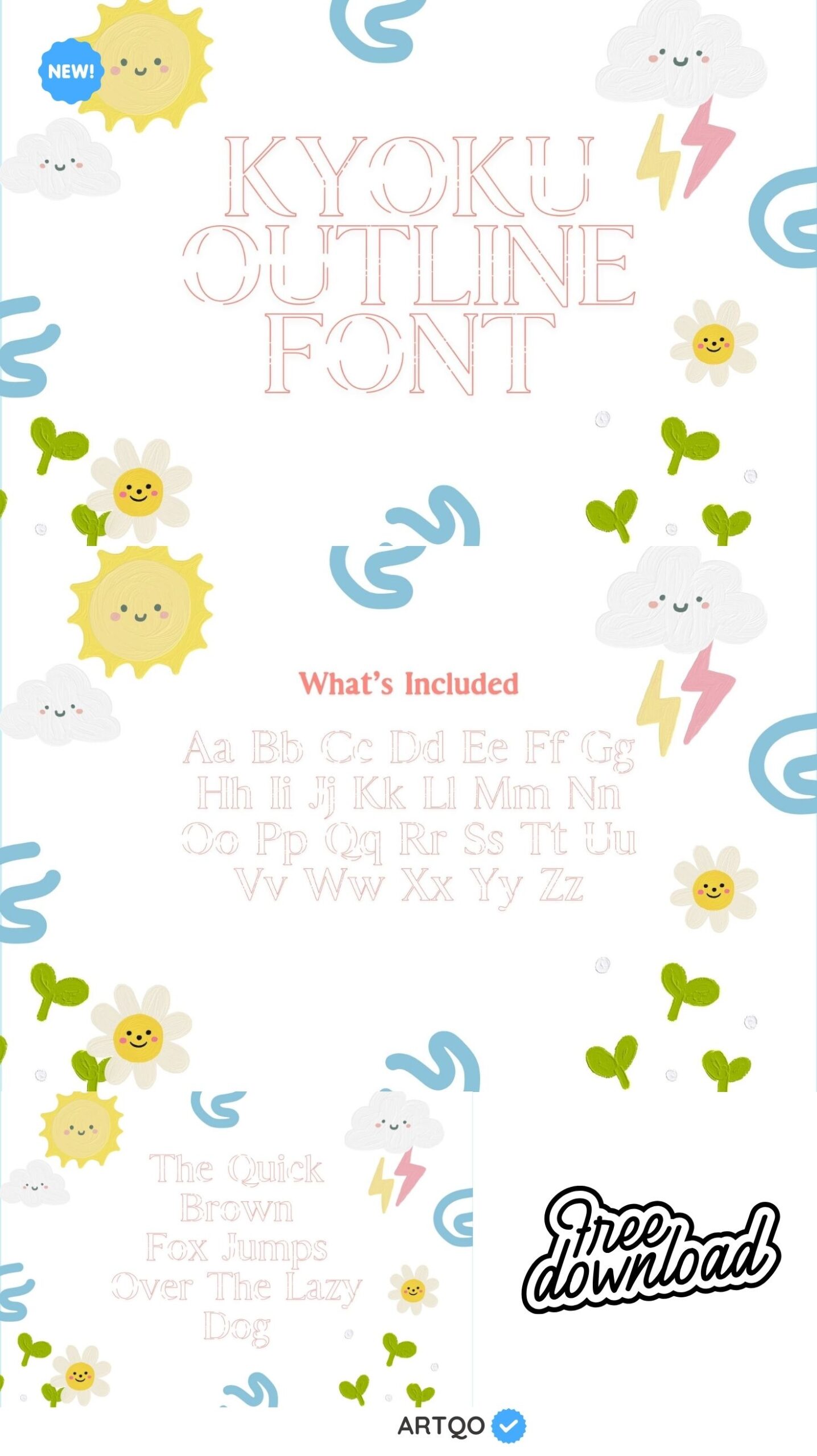Playful Kyoku Outline Font poster featuring cheerful sun and cloud illustrations, showcasing alphabet and text. Includes "What's Included" and "Free download."
