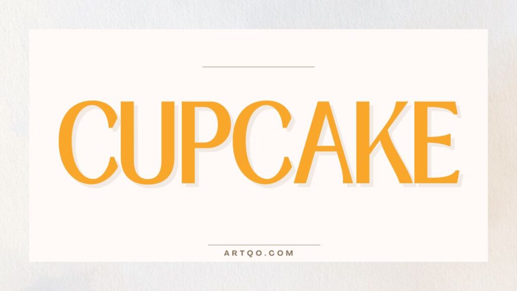 Text reading "CUPCAKE" in bold, orange letters on a white background. Below, "ARTQO.COM" is written in smaller, gray text. Simple and bright design.